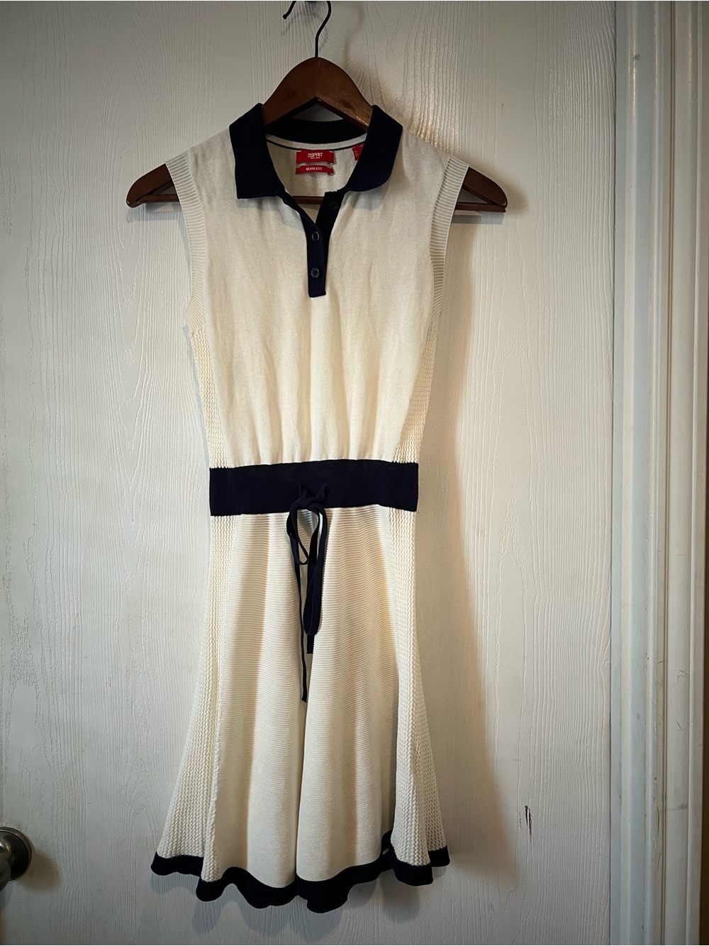 Vintage Esprit Cream & Navy Court Knit Sleeveless Tennis Boat Dress Sz Small